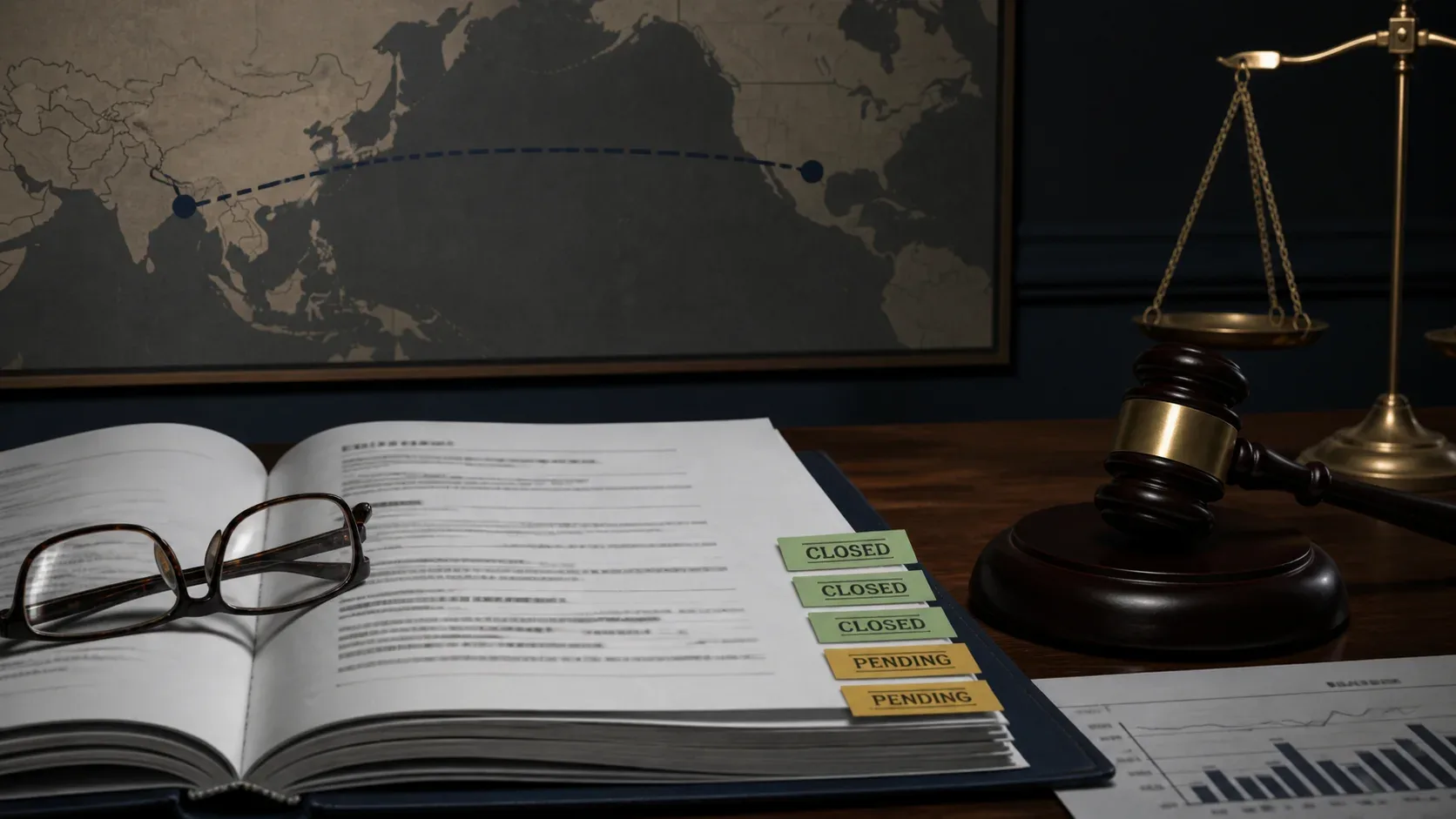 AI-generated editorial legal desk with five case tabs: three marked closed and two pending; not a photograph of the Adani proceeding